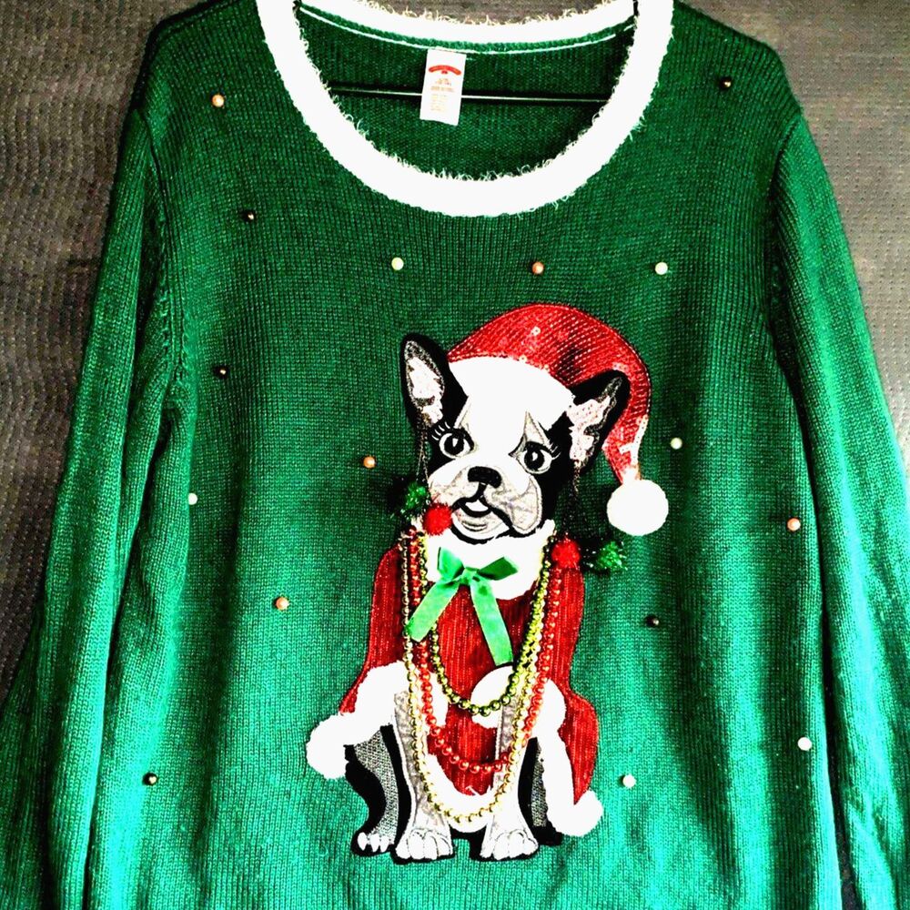 Holiday Time Ugly Sweater Women's Large Green Christmas Holiday French Bulldog